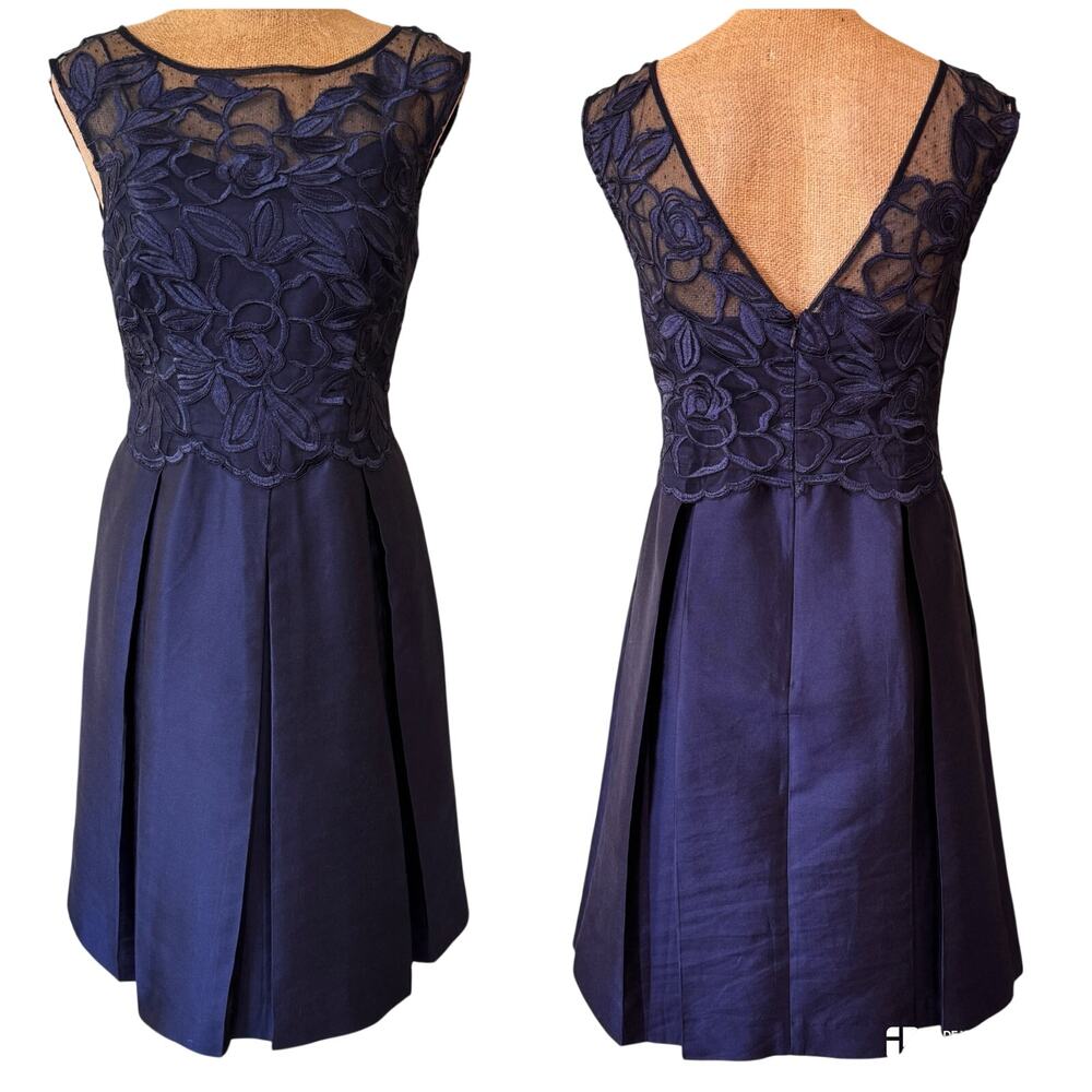 Kay Unger Lace Trimmed Cocktail Party Dress Size 6 Pleated Skirt Blue Black Tie - Picture 2 of 14